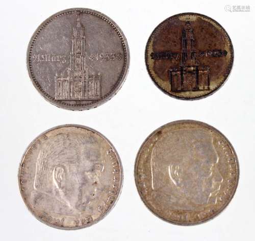3 x 5 und 1 x 2 Reichsmark 1934/36