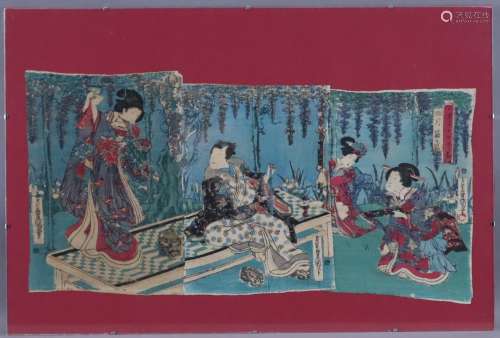Japanischer Farbholzschnitt-Triptychon -19.Jh.- Bijin in blü...