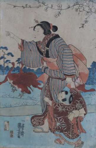 Utagawa Kuniyoshi (1798 - 1861) - Mutter mit Sohn in Landsch...