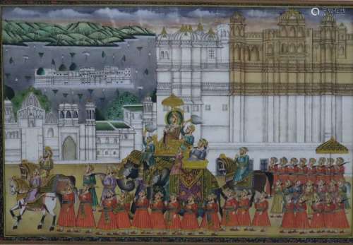 Indische Miniaturmalerei - Vielfigurige Prozession des Mahar...