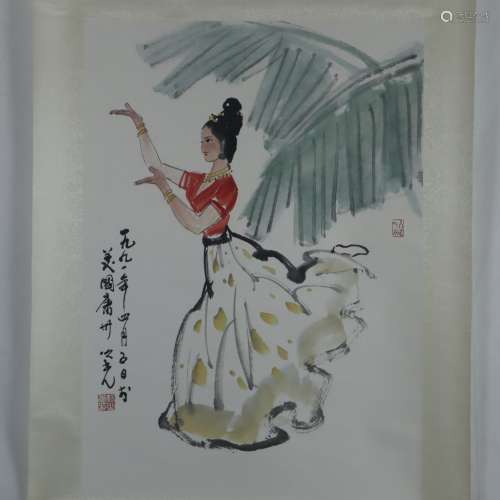 Chinesisches Rollbild - Junge Dame in Tanzpose