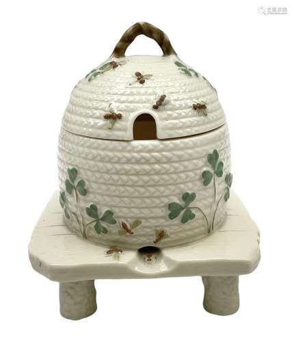 20th century Belleek beehive honey pot and cover