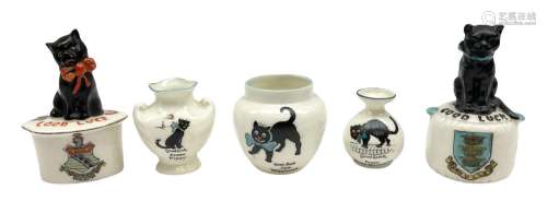 Five crested ware Good Luck black cats
