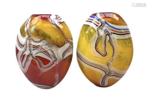 Pair of heavy art glass vases of ovoid form with marbled des...