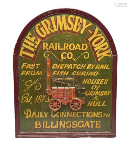 `The Grimsby-York Railroad Co.` painted wooden railway adver...