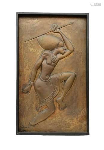 Copper panel embossed with a design of an African warrior in...