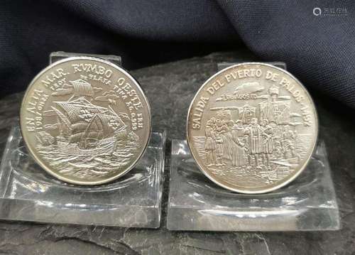 TWO SPANISH SILVER MEDALS TO REMEMBER COLUMBUS  1492 SEA TRI...