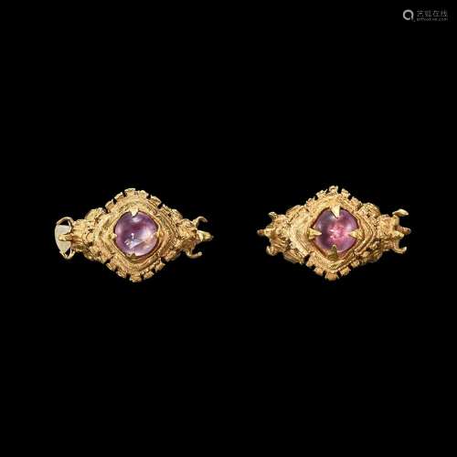 . A pair of gem-set gold earrings Java, Indonesia, 7th - 12t...