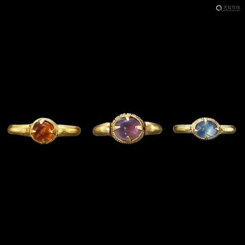 . Three gem-set solid gold rings Khmer, 7th - 12th century |...