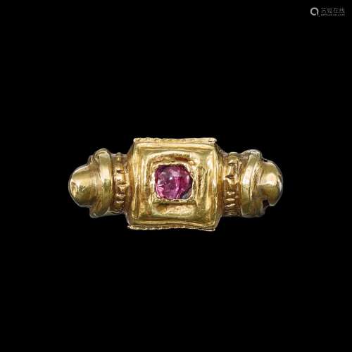 . A square box gold ring with ruby or spinel Dieng Plateau, ...