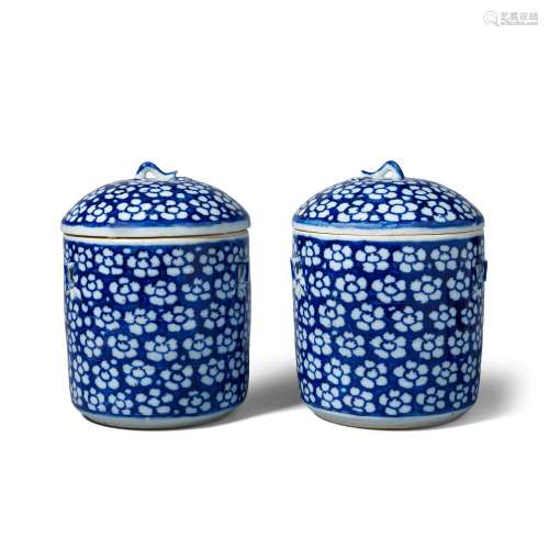 A PAIR OF BLUE AND WHITE COVERED JARS  19th century