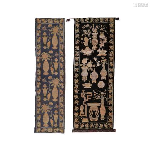 TWO SILK BROCADE 'ONE HUNDRED ANTIQUES' PANELS Repub...