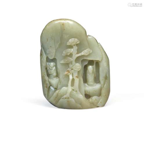 A CELADON JADE 'IMMORTAL AND GROTTO' BOULDER  20th c...