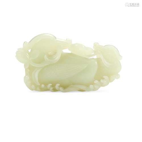 A WHITISH PALE CELADON JADE 'DUCK AND LOTUS' GROUP 2...