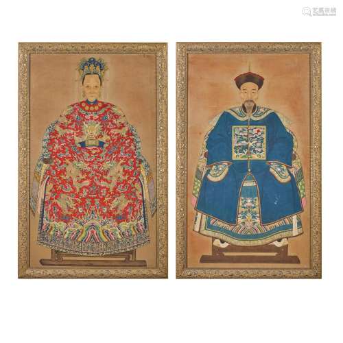 A PAIR OF ANCESTOR PORTRAITS Late Qing dynasty - 20th centur...