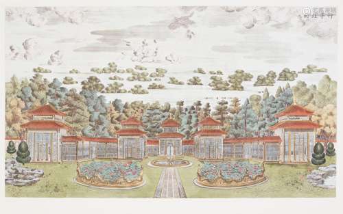 A COLORED COPPERPLATE PRINT OF THE BAMBOO PAVILLION OF THE Y...