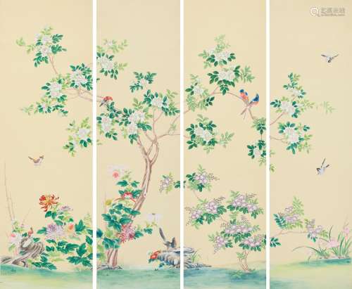 FOUR CHINESE WALLPAPER PANELS 19th century
