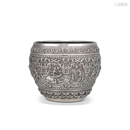 A SILVER OFFERING BOWL WITH SCENES FROM THE SAMA JATAKA  LOW...