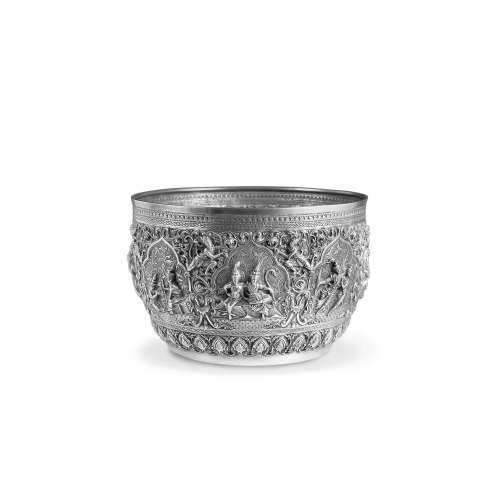 A SILVER OFFERING BOWL WITH SCENES FROM THE RAMAYANA LOWER B...