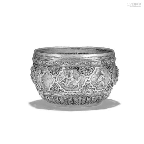 A SILVER PIERCED OFFERING BOWL WITH SUBJECTS FROM THE RAMAYA...