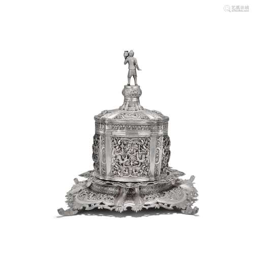 A SILVER BETEL BOX CENTERPIECE WITH SCENES FROM THE SAMA JAT...