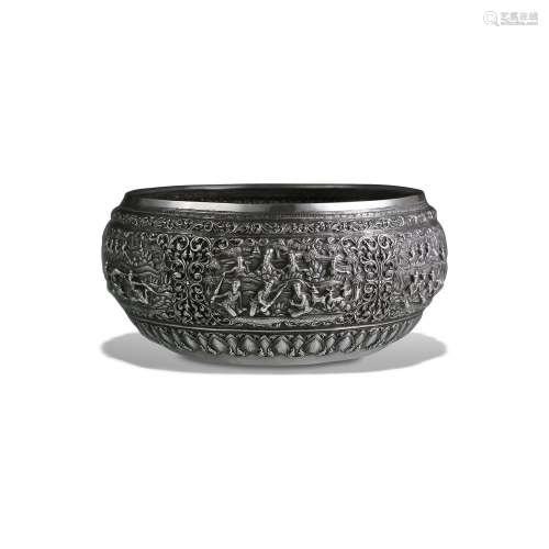 A SILVER OFFERING BOWL WITH SCENES OF A LOCAL BURMESE LEGEND...