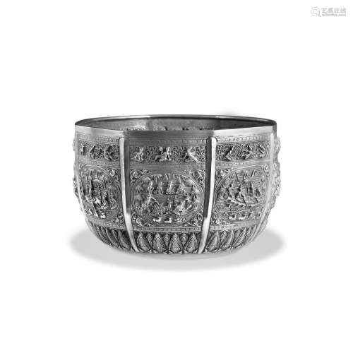 A SILVER OFFERING BOWL WITH SCENES FROM THE SAMA JATAKA LOWE...
