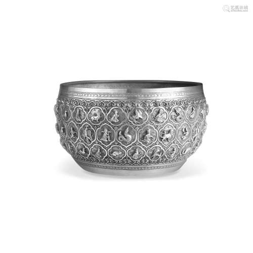 A SILVER OFFERING BOWL WITH ANIMALS AND FIGURES FROM MYTHS, ...