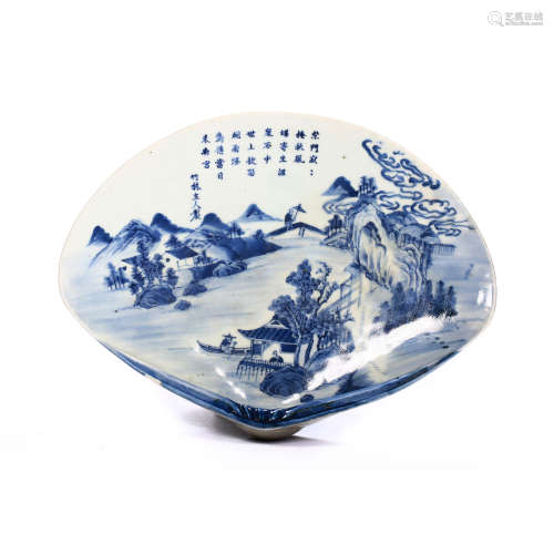 CHINESE BLUE AND WHITE PORCELAIN LANDSCAPE POETRY SHELL TYPE...
