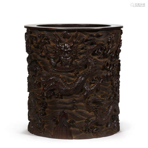 CHINESE MAHOGANY CARVED DRAGON PATTERN PEN HOLDER, QING DYNA...