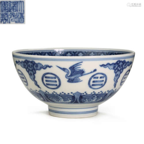 CHINESE, QING DYNASTY DAOGUANG YEAR BLUE AND WHITE CRANE PAT...