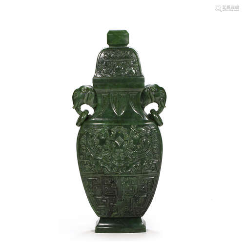 CHINESE JASPER PHOENIX PATTERN ELEPHANT EAR BOTTLE, QING DYN...