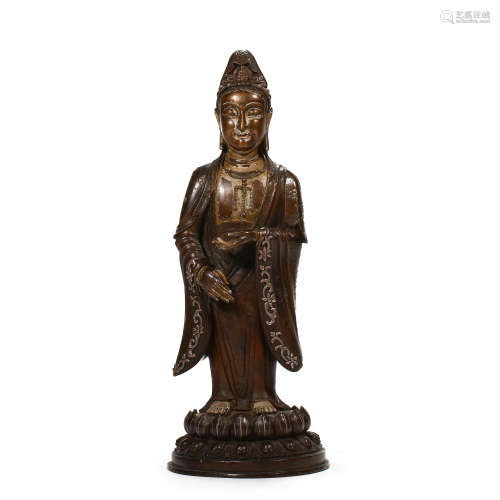 CHINESE INLAID SILVER WIRE BRONZE GUANYIN STATUE, MING DYNAS...