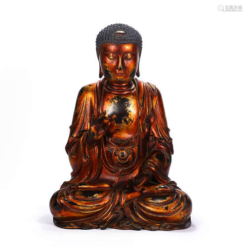 CHINESE JINGZUO WOODEN TIRE LACQUER GOLD SHAKYAMUNI SEATED S...