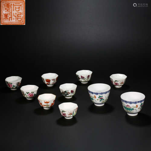 A SET OF CHINESE FAMILLE ROSE PORCELAIN TEACUPS, QING DYNAST...