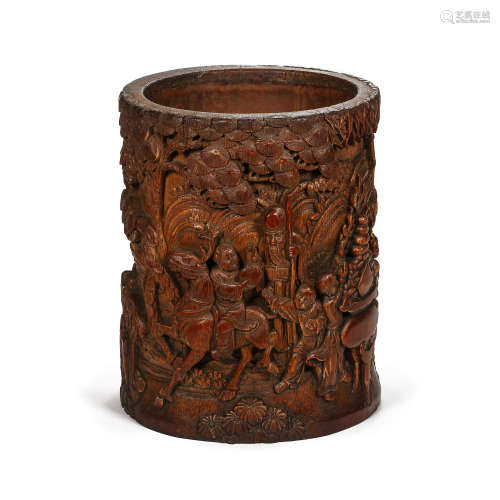 CHINESE BAMBOO CARVING CHARACTER STORY PEN HOLDER, QING DYNA...