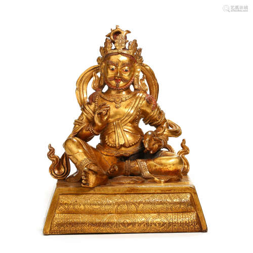 CHINESE TIBETAN COPPER GILDED GOLDEN GOD OF WEALTH, QING DYN...