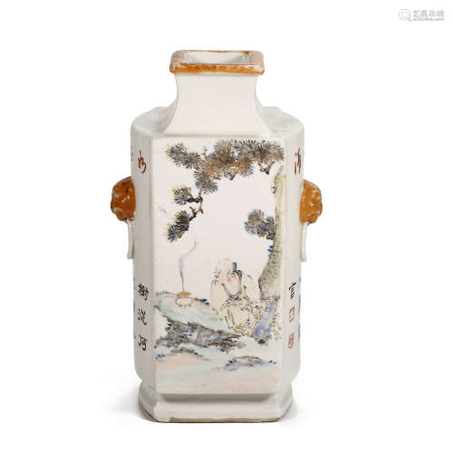 CHINESE PORCELAIN COLOR FIGURE FLOWER SQUARE VASE BY WANG ZH...