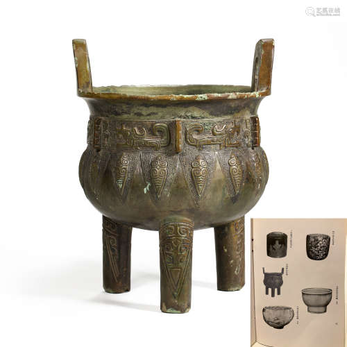 CHINESE BRONZE ANIMAL FACE CICADA PATTERN DING, SHANG DYNAST...