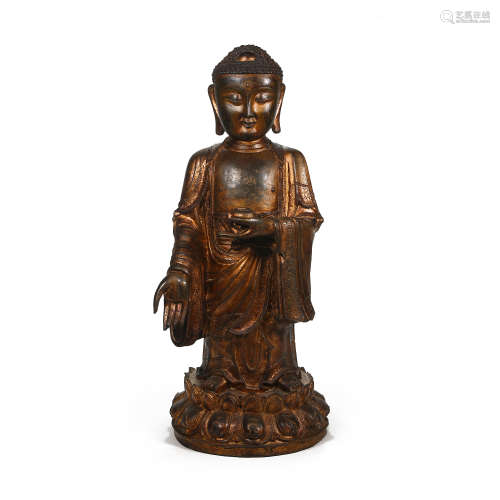 CHINESE BRONZE GILDED STATUE OF SHAKYAMUNI IN THE MING DYNAS...