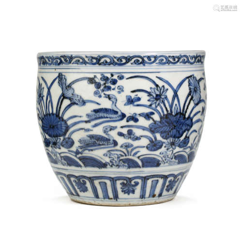 CHINESE BLUE AND WHITE PORCELAIN ANIMAL FLOWER JAR, MING DYN...