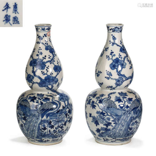 CHINESE KANGXI YEAR BLUE AND WHITE PORCELAIN FLOWER PEACOCK ...