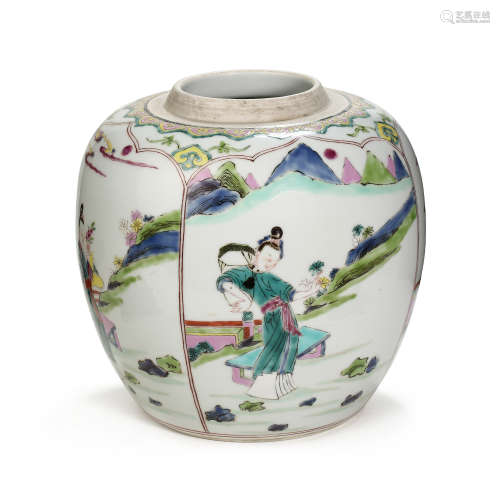 CHINESE MULTICOLORED PORCELAIN LANDSCAPE CHARACTER JAR, QING...