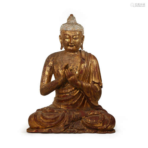 CHINESE LACQUERED GOLD WOOD CARVING SEATED STATUE OF SHAKYAM...