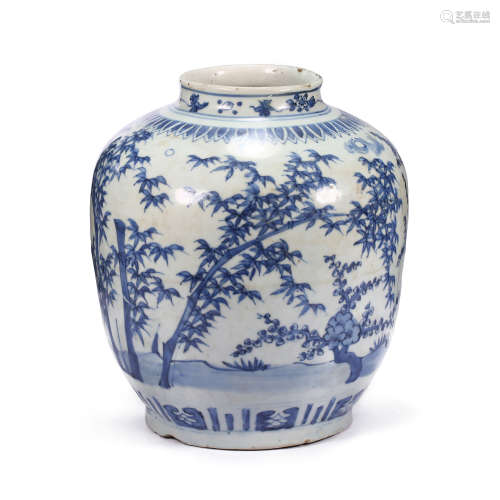 CHINESE BLUE AND WHITE PORCELAIN FLOWER PATTERN JAR, MING DY...