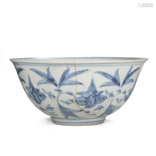 CHINESE BLUE AND WHITE PORCELAIN TANGLED FLOWER BOWL, QING D...