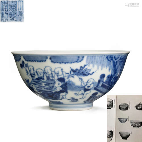 CHINESE, QING DYNASTY BLUE AND WHITE SIXTEEN BABY DRAMA BOWL...