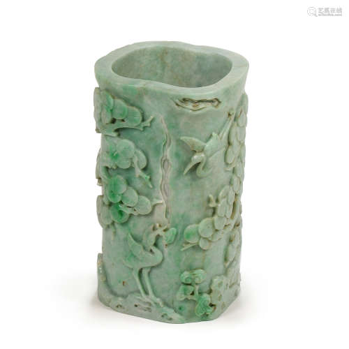 CHINESE JADE PINE CRANE PATTERN PEN HOLDER, QING DYNASTY