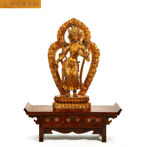 CHINESE DAMING YONGLE YEAR DONATION COPPER GILDED GUANYIN ST...