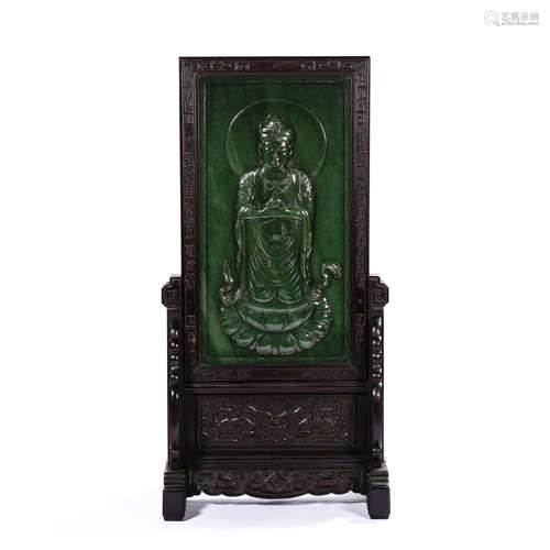 CHINESE JASPER CARVING GUANYIN MAHOGANY SCREEN, QING DYNASTY